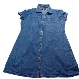 Faded Glory Denim Dress 100% Cotton Blue Jean Jumper Full Button Down
